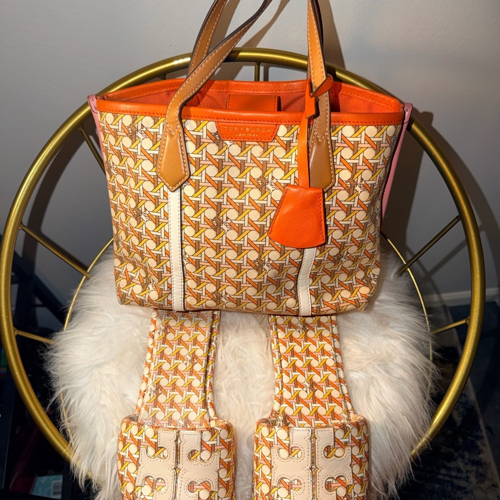 Tory Burch Stylish Geometric Tote Bag in Orange and Brown w/ Matching Sandals
